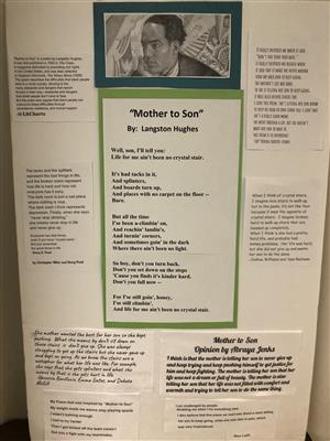 Photo shows bulletin board with photo of Langston Hughes and his poem, "Mother to Son."